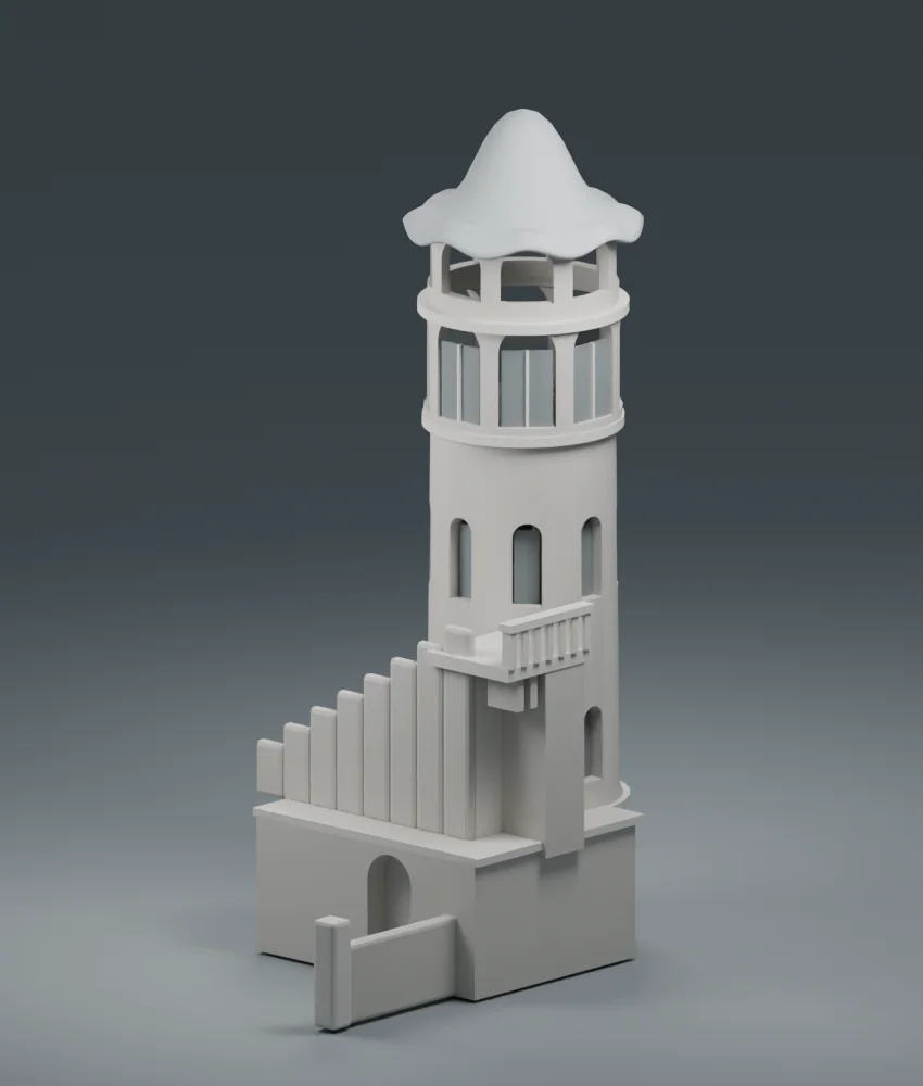 Render inicial en tons neutres, amb els volums principals de la torre i una primera escala.