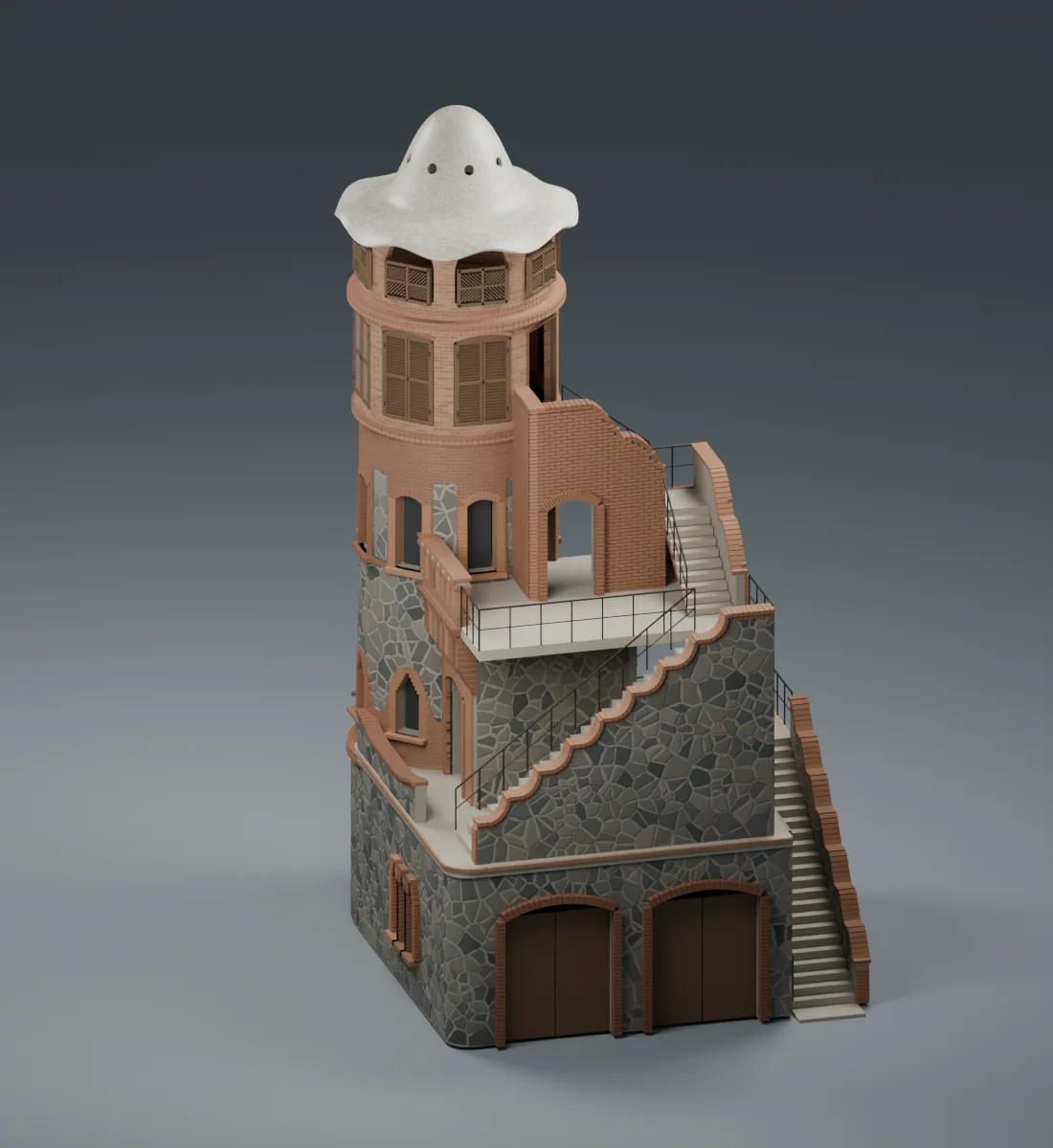 Render oblic del model amb l’annex, els passos inferiors i els accessos de l’escala.