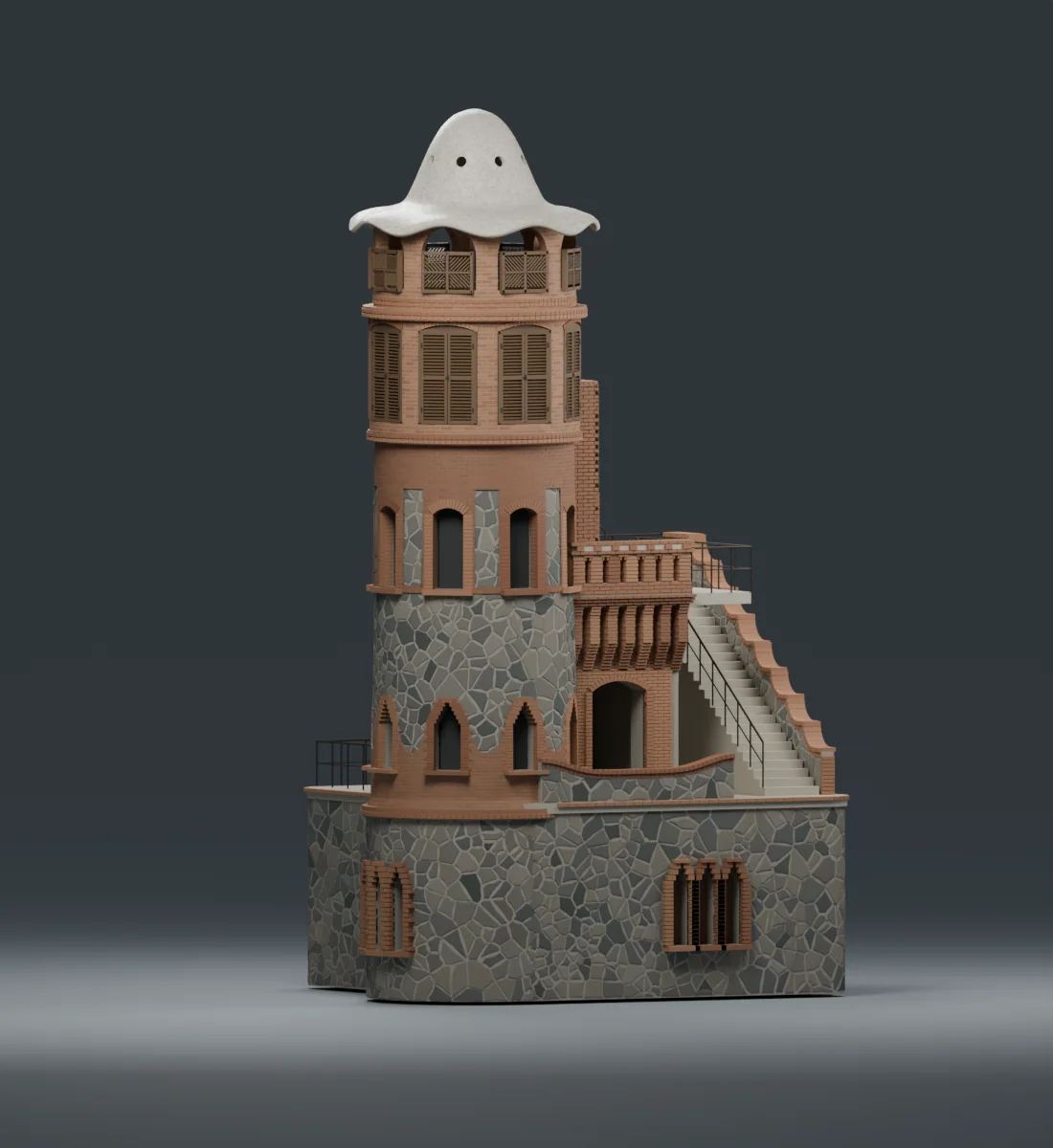 Render de la torre cilíndrica amb coberta ondulada, balcó i escala exterior, sobre un fons gris.