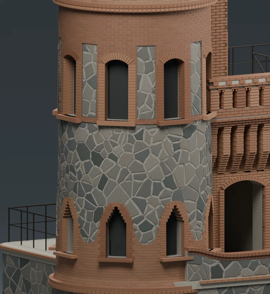 Detall renderitzat dels panys de maó corbats i de les finestres del cos de la torre.